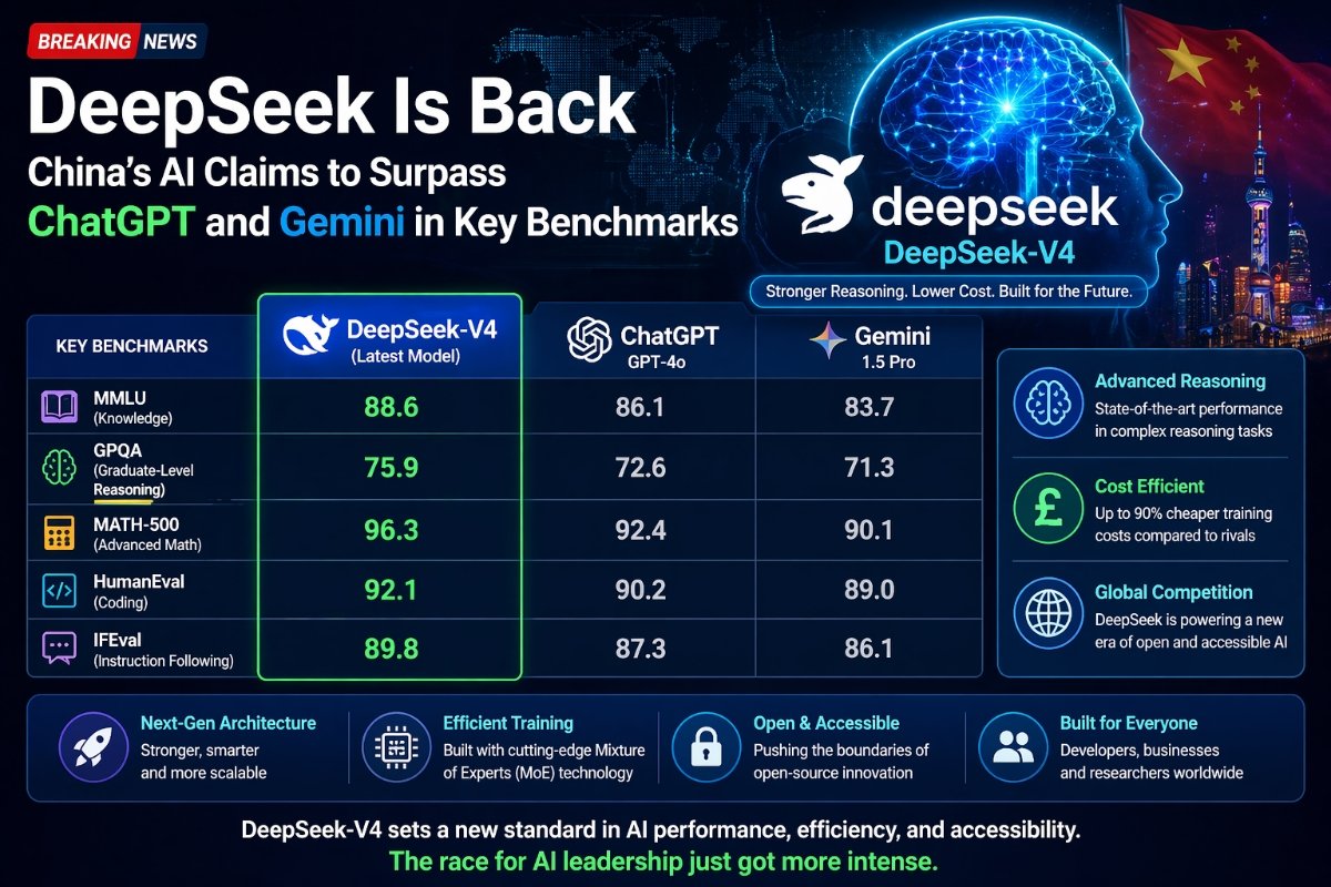 DeepSeek AI model compared with ChatGPT and Gemini highlighting benchmark performance and next-generation artificial intelligence competition