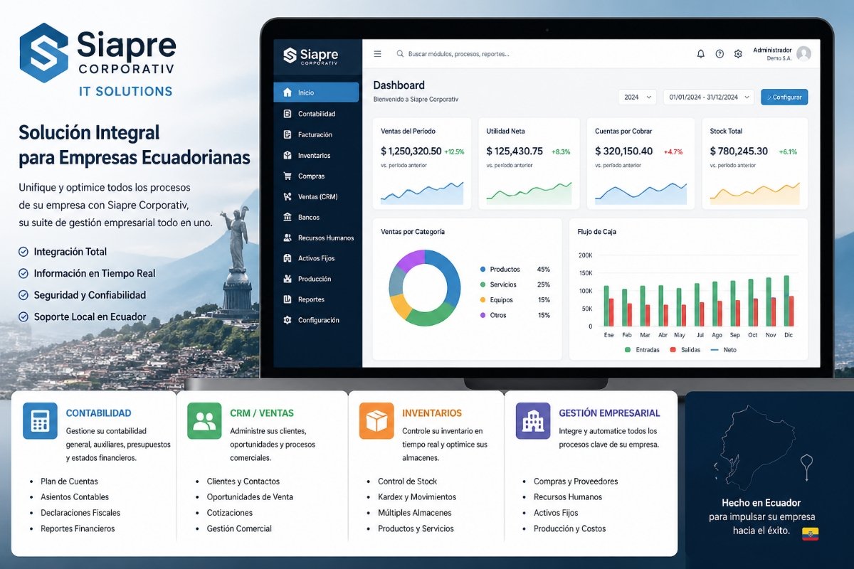 Siapre Corporativ IT Solutions dashboard showcasing all-in-one business software features in Ecuador