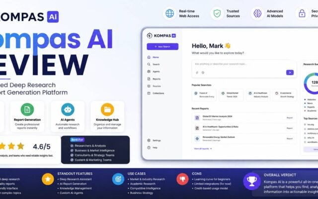Kompas AI review showing AI research, report generation, and productivity features