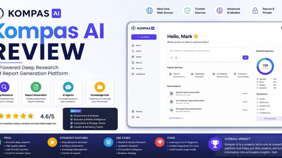 Kompas AI review showing AI research, report generation, and productivity features