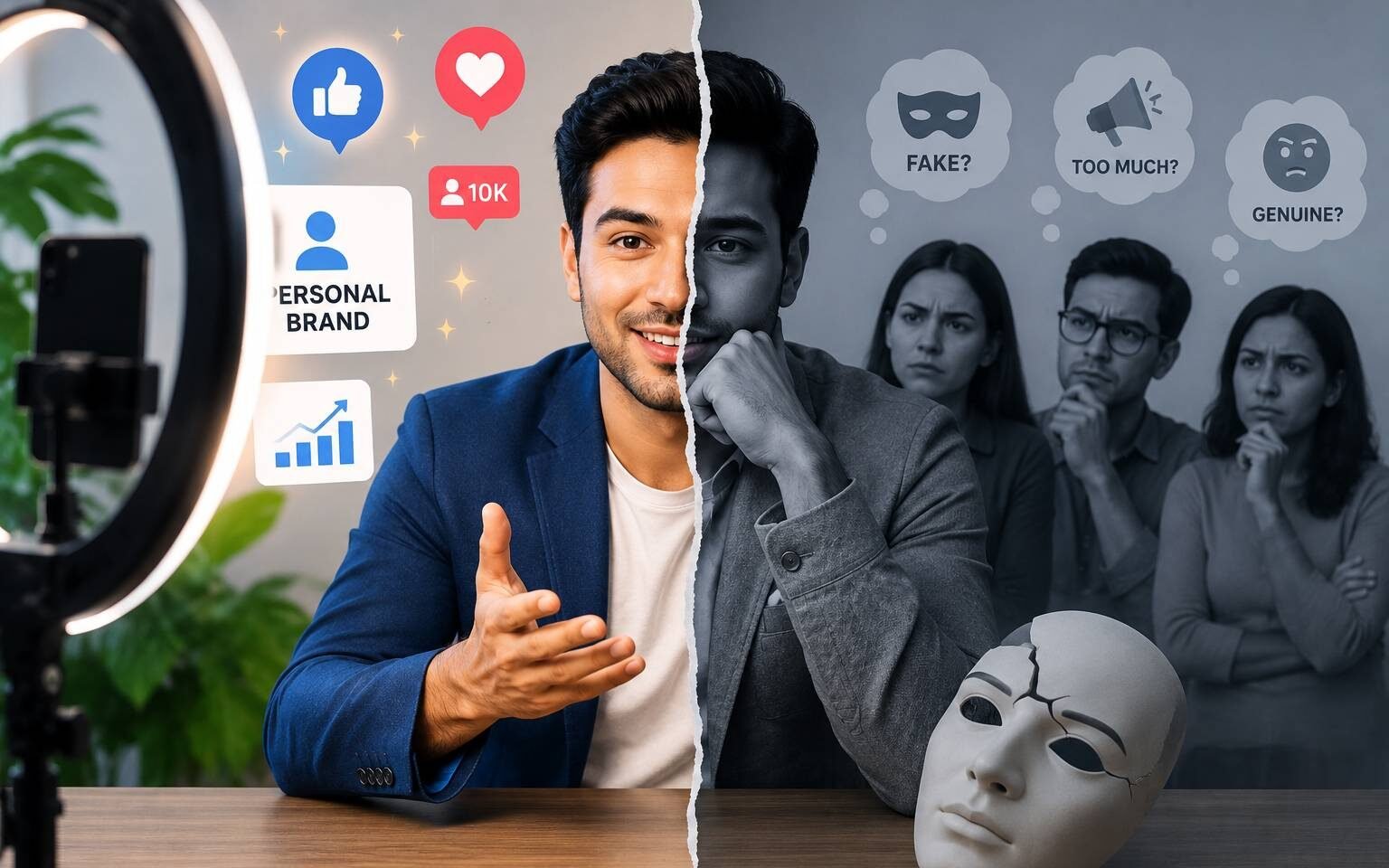 Professional questioning the balance between personal branding and authenticity while engaging with an online audience