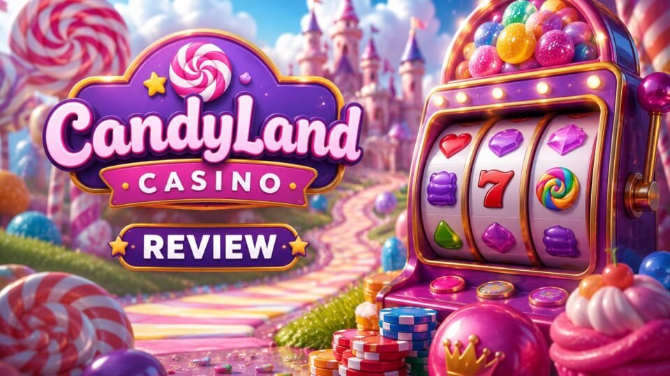 CandyLand Casino review showing the brand homepage, game lobby and welcome bonus offer