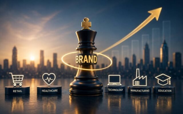Modern branding strategy concept showing business growth, brand identity, digital marketing, customer engagement, and multiple industries connected through a strong brand.