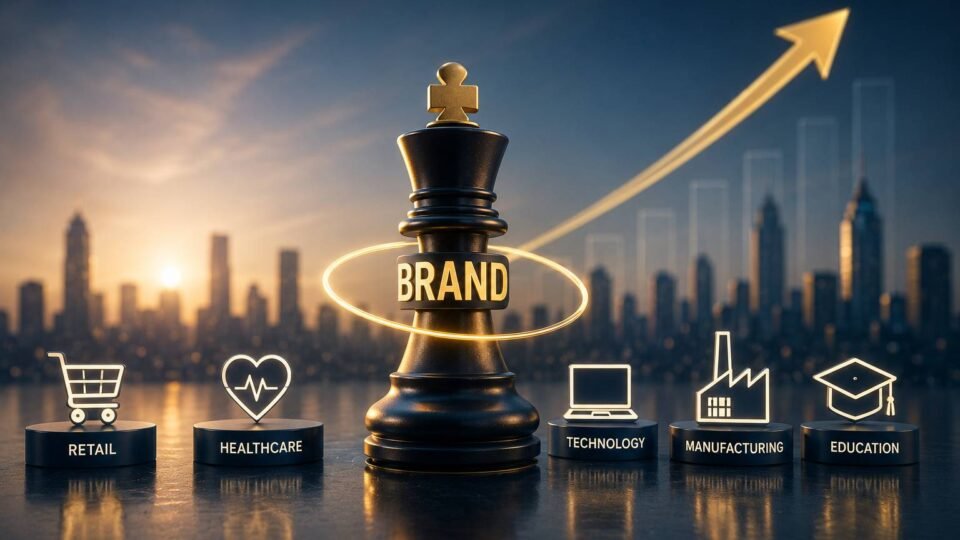 Modern branding strategy concept showing business growth, brand identity, digital marketing, customer engagement, and multiple industries connected through a strong brand.