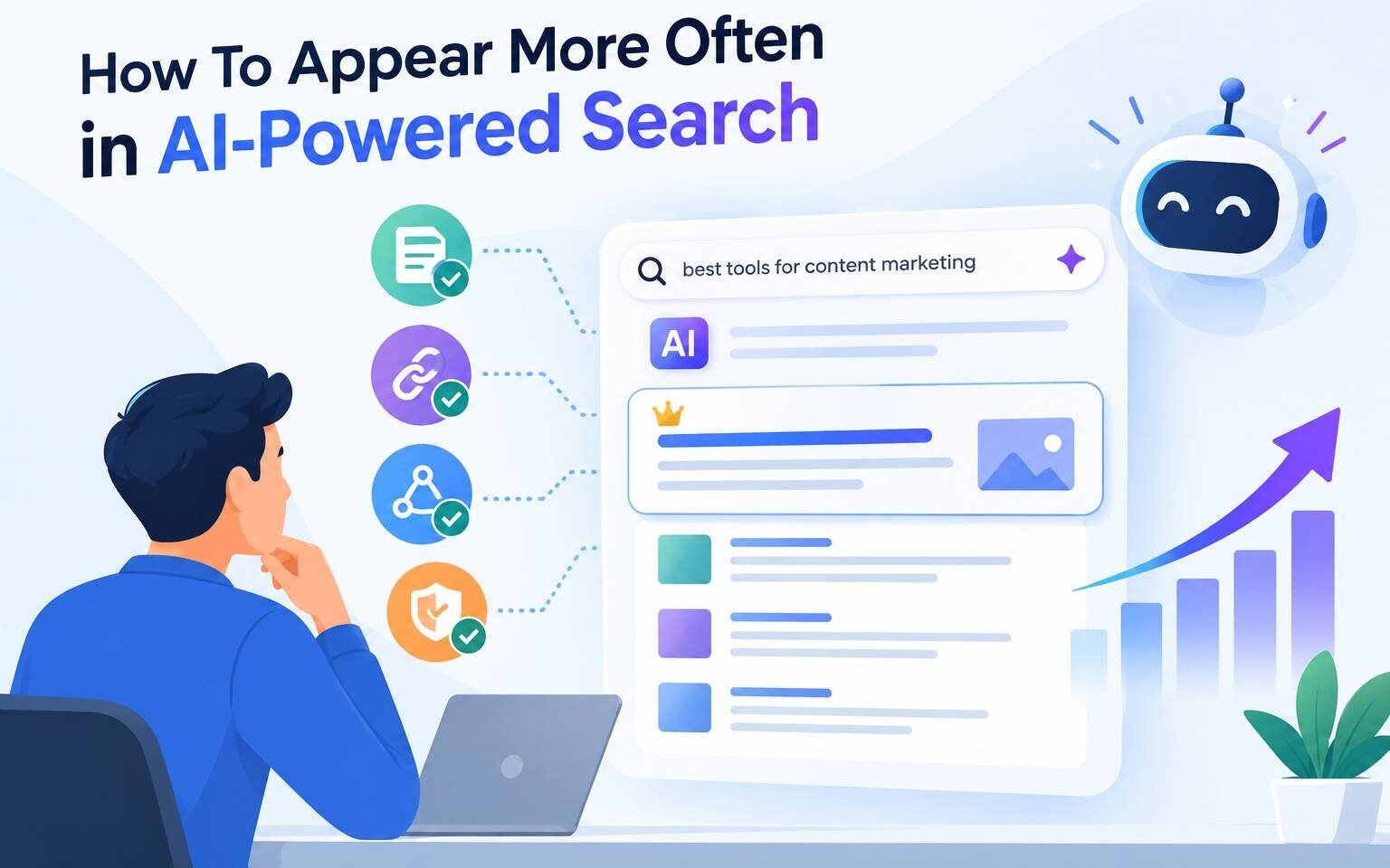 Illustration of AI-powered search results, SEO signals, and strategies to improve search visibility.