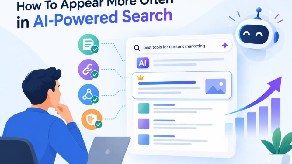Illustration of AI-powered search results, SEO signals, and strategies to improve search visibility.