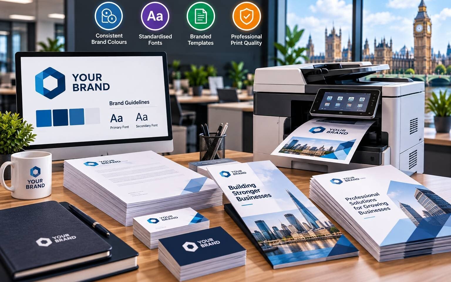 Branded business letterhead, brochure and folder arranged on a desk showing consistent colours and logo