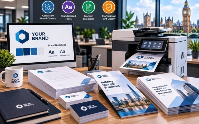 Branded business letterhead, brochure and folder arranged on a desk showing consistent colours and logo