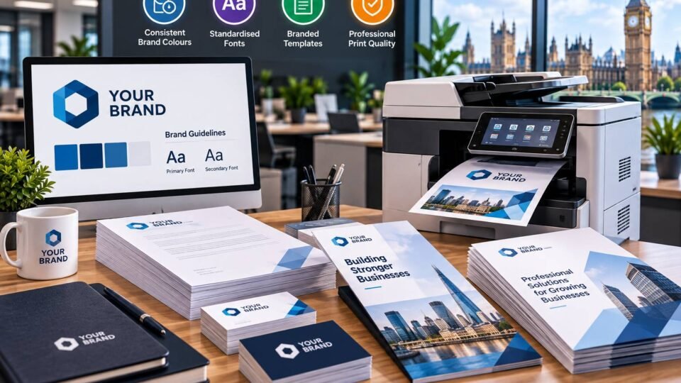 Branded business letterhead, brochure and folder arranged on a desk showing consistent colours and logo