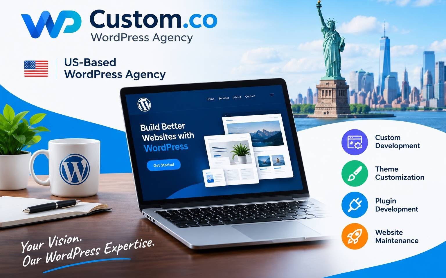 Developer hand-coding a custom WordPress theme on a laptop, representing WPCustom.co development services