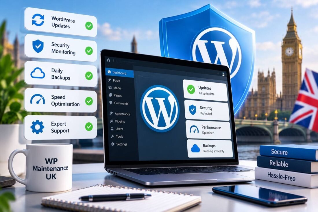 Website owner checking a WordPress maintenance dashboard showing updates, backups and uptime, representing WP Maintenance UK care plans
