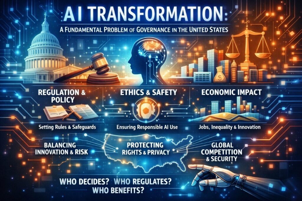 Illustration showing fragmented AI governance in the United States with federal and state regulatory systems